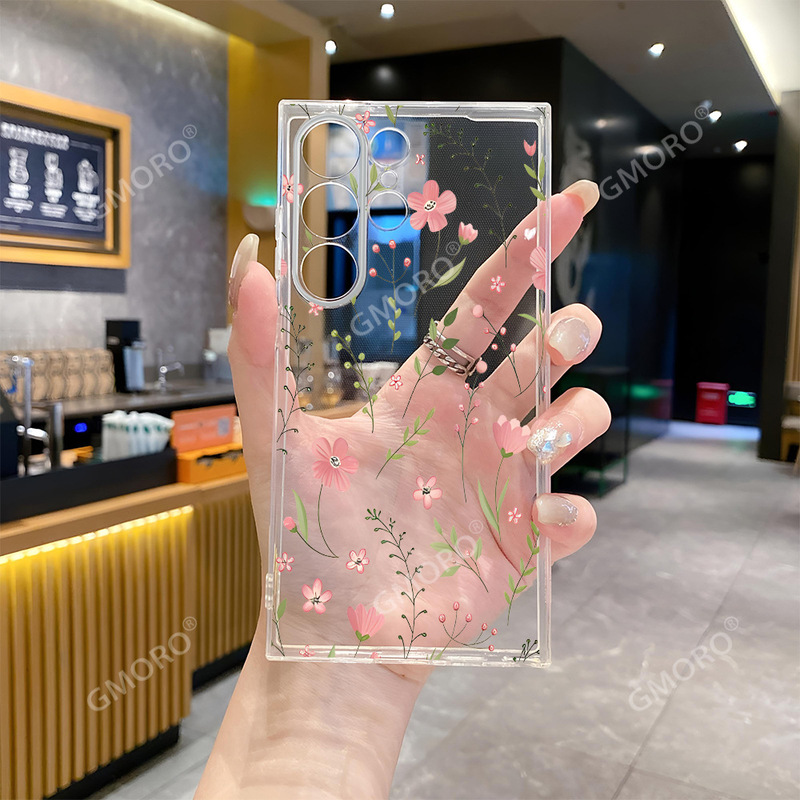 Nordic best-selling pink wildflower phone case suitable for Samsung S24plus, Korean-style transparent case, S25 full protection cover Nordic best-selling pink wildflower phone case suitable for Samsung S24plus, Korean-style transparent case, S25 full protection cover