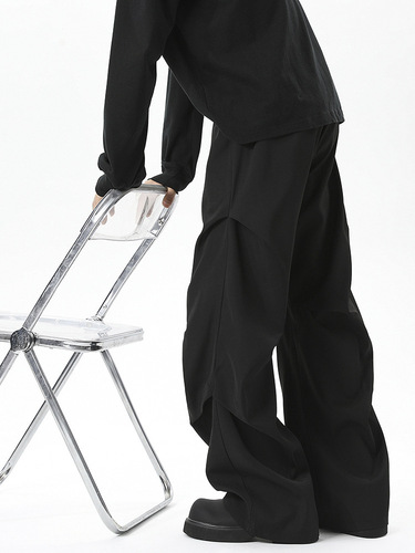 2025 Black Pleated Straight-Leg Wide Leg Men's Medium Waist Relaxed Tight Waist Pants American Streetwear Scissor Hem Pants