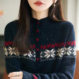 高领包扣费尔岛毛衣女秋冬新款藏青色撞色提花针织衫宽松时尚毛衣