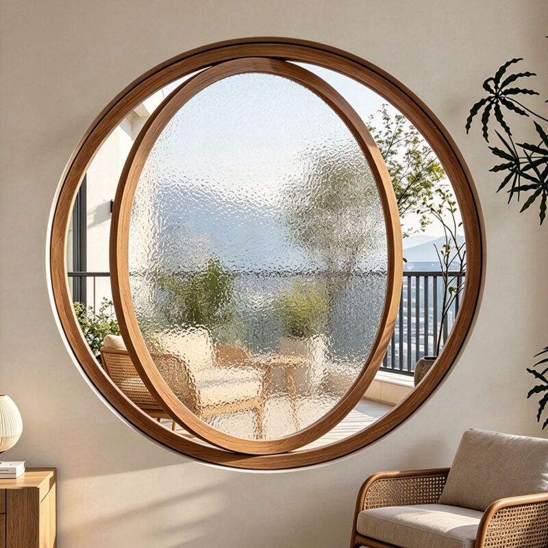 Aluminum alloy wood grain round window with central axis rotation, moon-shaped window for indoor viewing, round glass window, light luxury window, irregular-shaped window Aluminum alloy wood grain round window with central axis rotation, moon-shaped window for indoor viewing, round glass window, light luxury window, irregular-shaped window