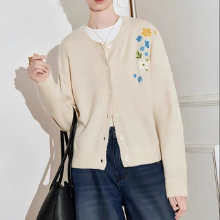 2026欧美跨境刺绣针织开衫女秋冬新款宽松圆领花朵百搭毛衣外套女
