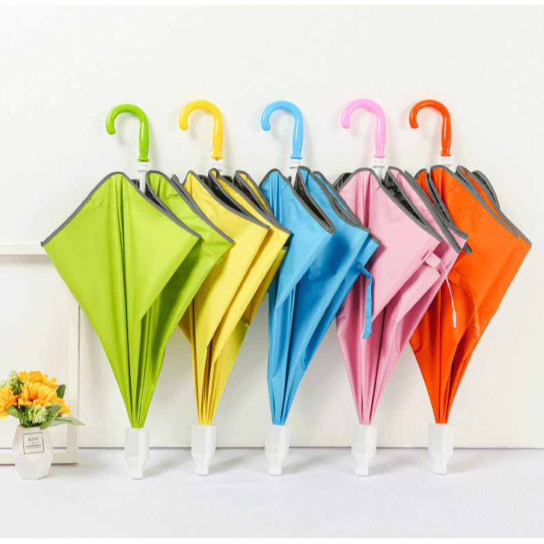 Children's Solid Color Safety Rounded Reflective Umbrella Baby Kindergarten Cute Ultra Light Automatic Long Handle Small Umbrella