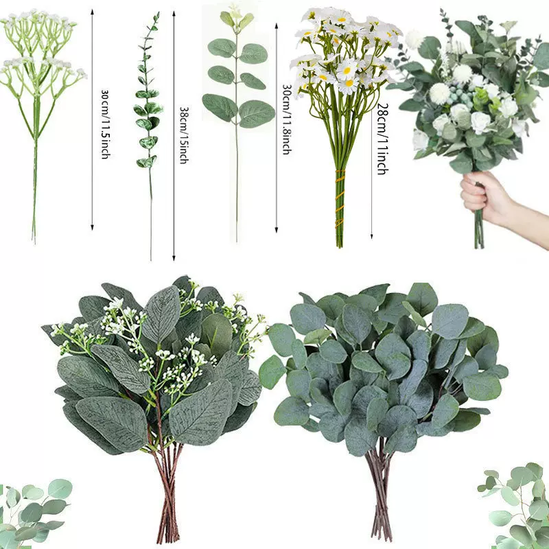 亚马逊跨境人造花人造桉树叶茎短银元树枝装饰叶子仿真绿植塑料叶