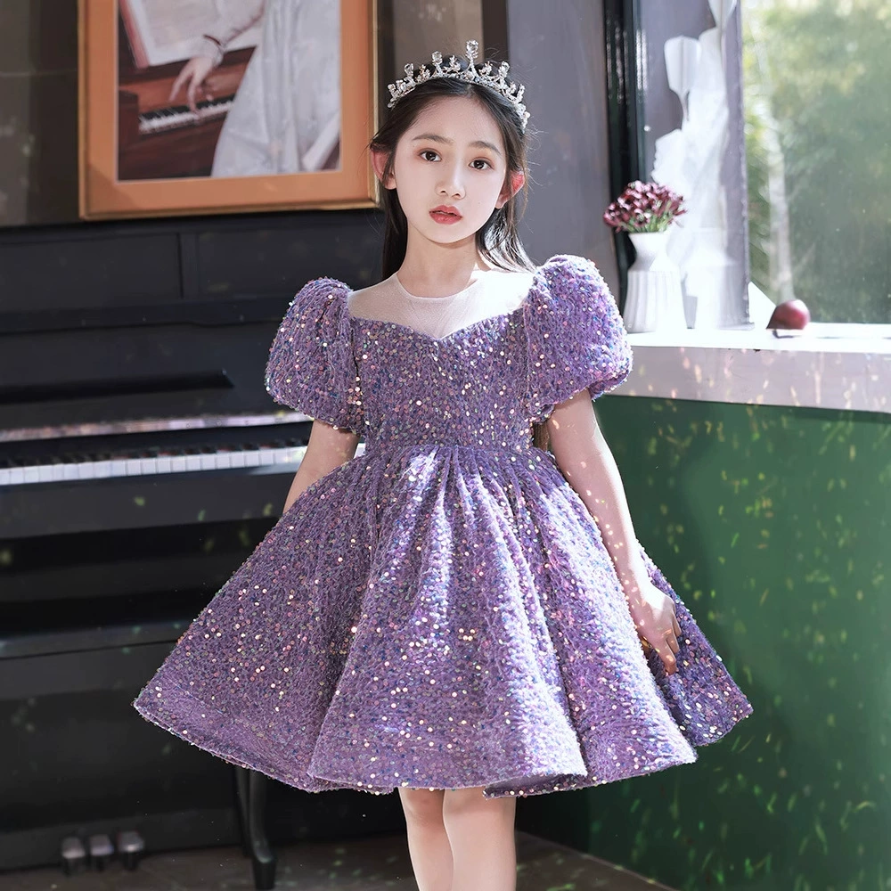 Purple nail sequins, dress, children's small princess costume, light luxury style, Birthday gift, for catwalk