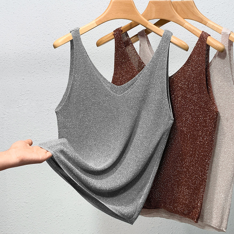 Ropa interior de las mujeres de punto de seda de brillo camisola 2024 primavera y verano europeo nuevo estilo occidental suelto sin mangas superior