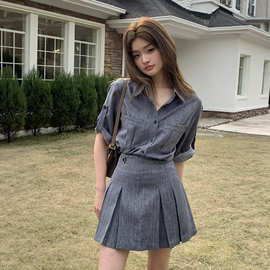 春夏新款时尚通勤仿牛仔衬衫上衣外套小众百褶裙半身裙两件套女