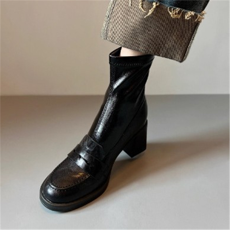 In-Stock New Black Versatile Chunky Heel Slim Boots for Women, Fashionable Versatile High-Heeled Ankle Boots with Waterproof Platform, Silent and Non-Slip Rubber