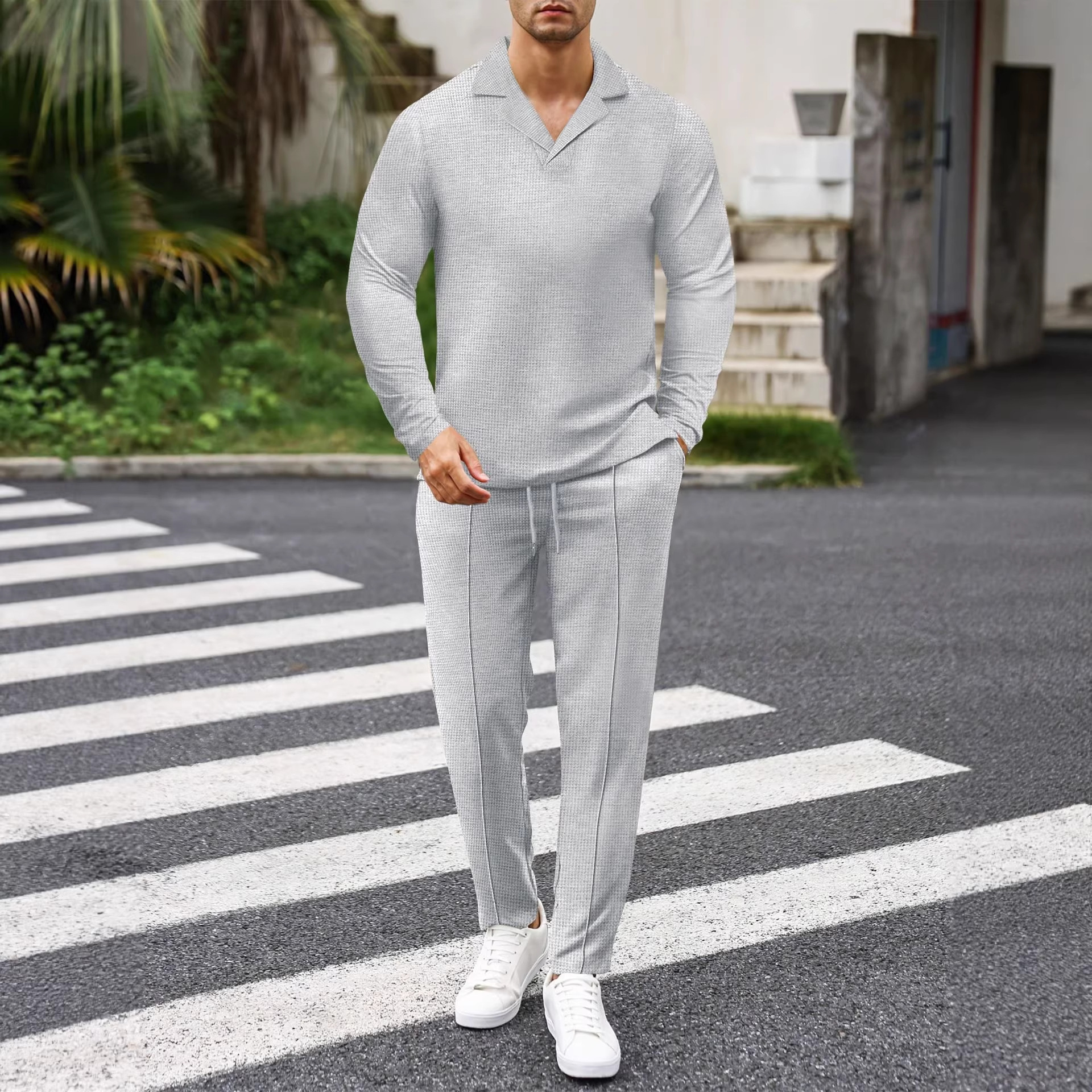 Herren Waffelstrick Business Anzug Set Mit Kragen Und Bindung_voghion.com