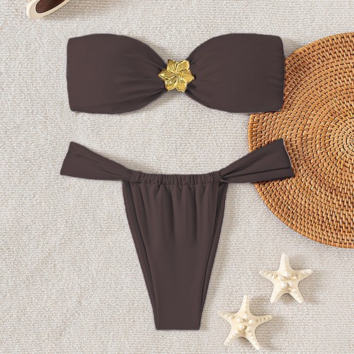 Best-selling cross-border European and American two-piece strapless halter metal accessories swimsuit set bikini pure color pure desire 