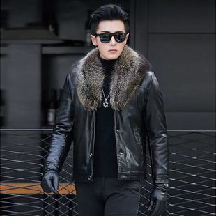 Haining Men's Leather Fur Removable Raccoon Fur Collar Fashion Fleece-Lined Thickened Winter Leather Jacket Leather Coat Men