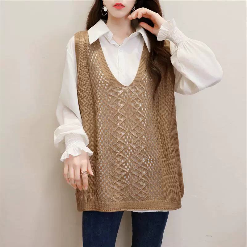 Женский вязаный жилет Свободный жилет больших размеров, пухлая девушка, выдолбленный жилет без рукавов с V-образным вырезом, ретро-пуловер, тонкий жилет
