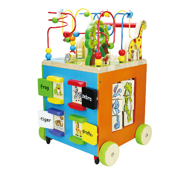 Múltiples funciones de madera alrededor de la caja del tesoro de cuentas de gran tamaño para niños con cuentas de jardín de infantes educación temprana juguetes de cochecito educativo