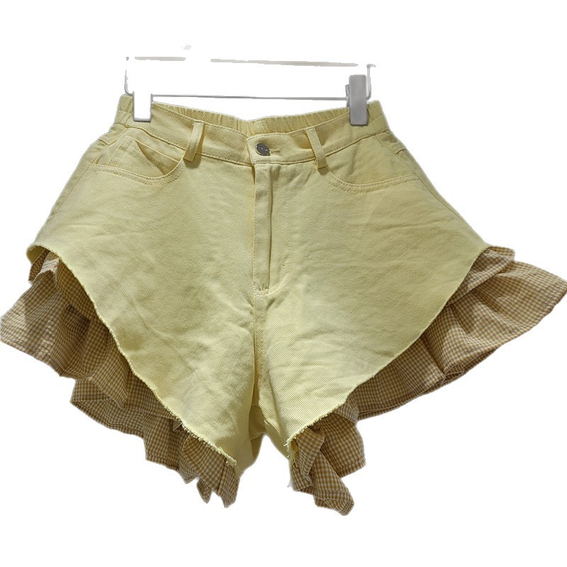 Shorts de Mezclilla con Encaje de Cuadros y Cintura Alta Corte Holgado para Verano