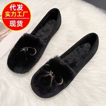 2025新款秋冬单鞋女简约加绒平底水钻毛毛鞋韩版外穿一脚蹬豆豆鞋