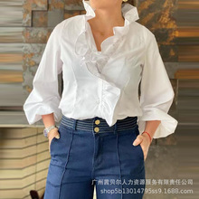2024新款女装跨境外贸荷叶边白色休闲衬衫ODS3601