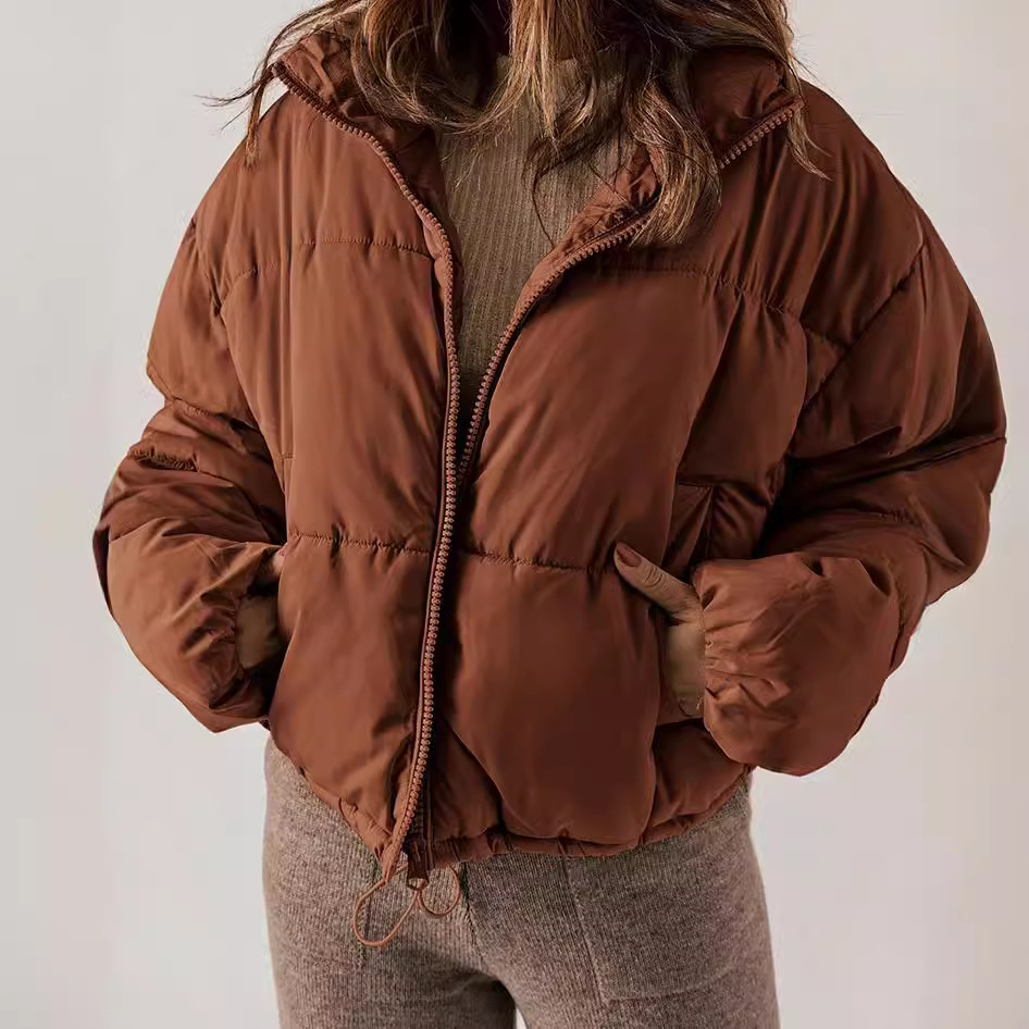 欧式跨境外贸专柜女装冬季新款时尚潮流洋气纯色简约保暖棉服外套