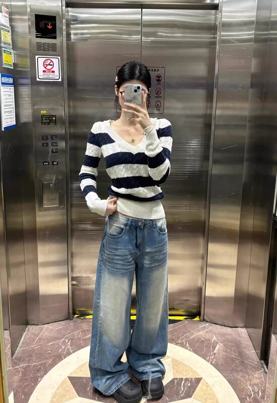条纹V领毛衣女韩系慵懒撞色秋冬2025新款软糯内搭打底针织衫上衣|undefined
