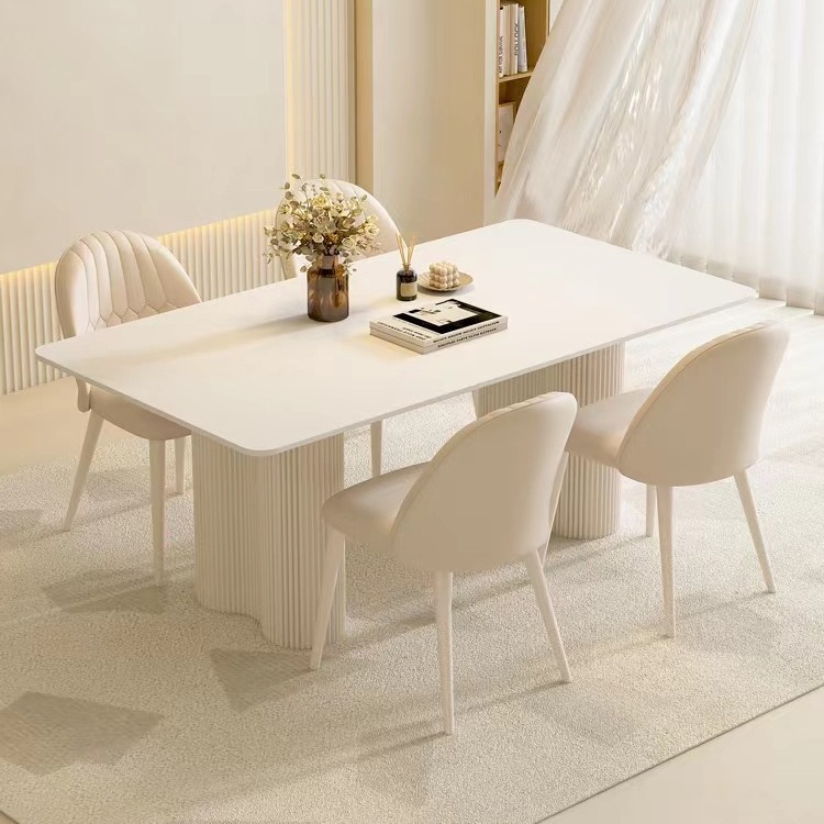 Cream Style Table and Chair Combination Pure White Rock Board Dining Table Household Small Apartment Modern Simple Light Luxury Internet Celebrity Rectangular Meal