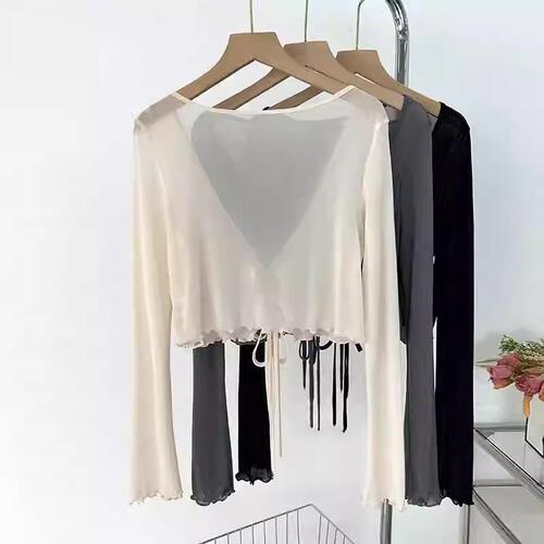 Design with lace sun-drying cardigan for women's spring and summer 2025 suspender skirt with mesh shawl blouse fungus top