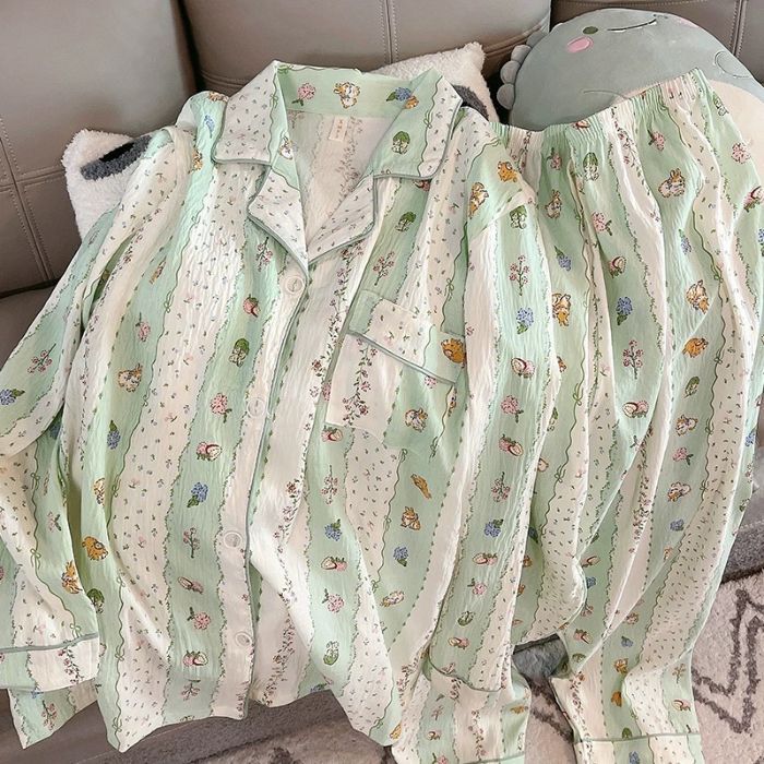Al por mayor transfronterizo primavera y otoño nuevo pijama de mujer nubes de algodón con solapa cardigan de manga larga pantalones dulces set de ropa para el hogar