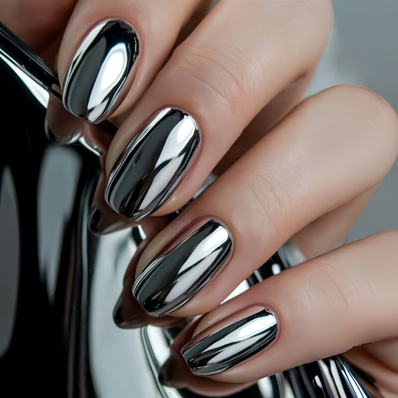 Medium-Length Square-Shaped Nail Stickers, Ultra-Shiny Black Electroplated Fake Nail Stickers, Popular in Europe and America