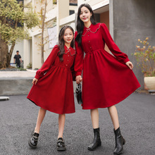 2708亲子装秋装新款潮国风复古红色母女装连衣裙春秋淘宝一件代发