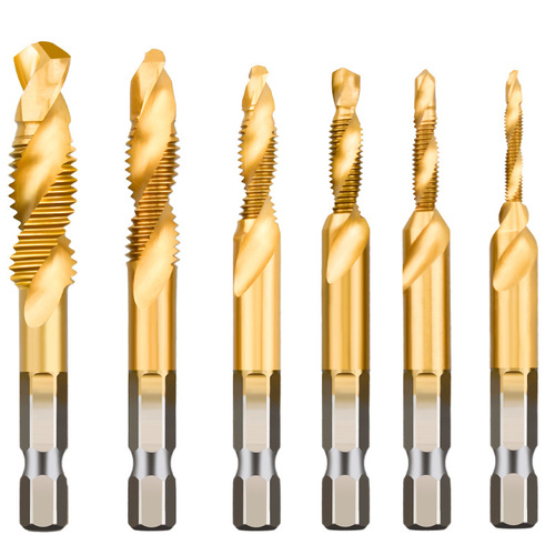 6pc high speed steel composite tap hexagonal shank drilling and tapping integrated tap titanium plating machine opening tapping chamfering tap
