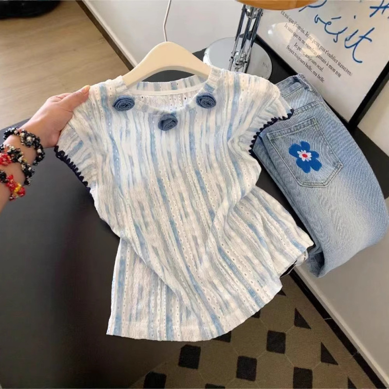2025 新しい夏ブルーストライプ立体花フライングスリーブ半袖 Tシャツ韓国スタイルの夏の美しいシャツ女性のための|undefined