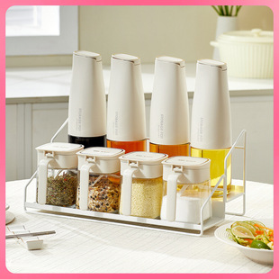 ✅Seasoning Tank Storage Rack Countertop Kitchen Storage Rack Metal Shelf Glass Seasoning Bottle Oil Pot Combination Seasoning