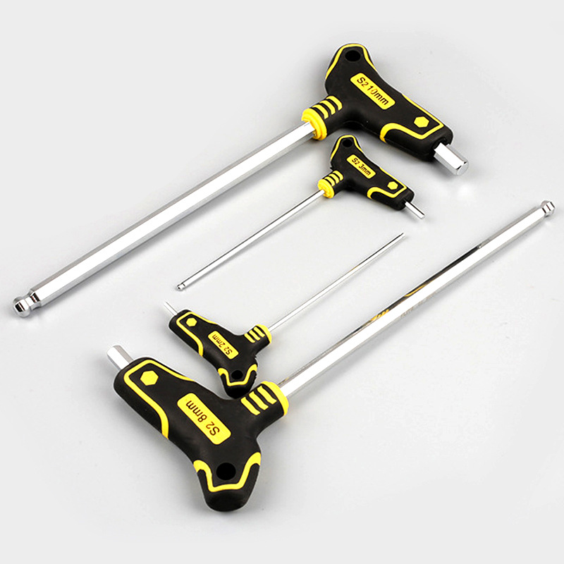 Llave hexagonal tipo T, destornillador angular de cabeza plana de bola única, herramienta de llave de bola alargada