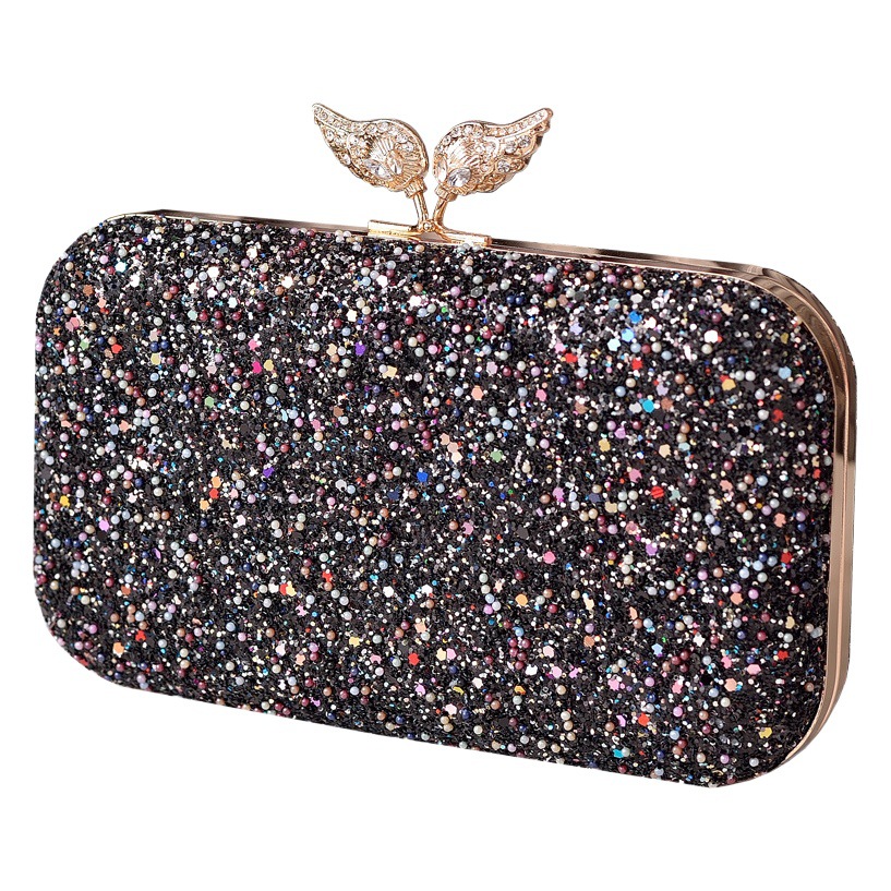 Bolso de cena de lentejuelas de cuentas transfronterizas, bolso de vestido con adornos de diamantes, bolso de cheongsam de diamantes negros, fábrica de origen