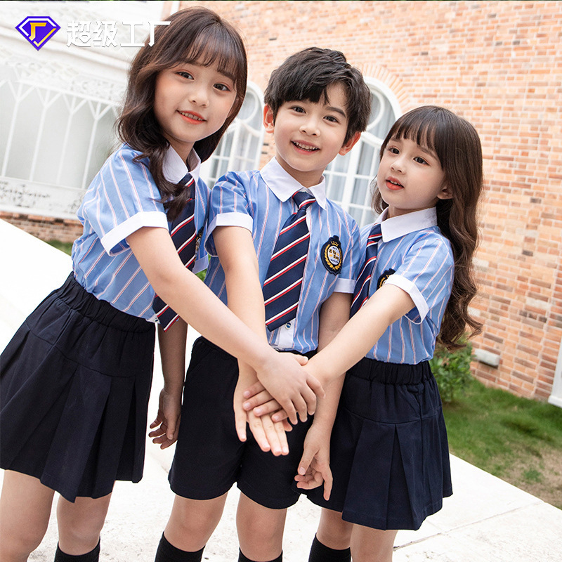 2022 Summer British Style School Uniform for Kindergarten Children Student Striped Shirt and Skirt Set Primary School Class Attire