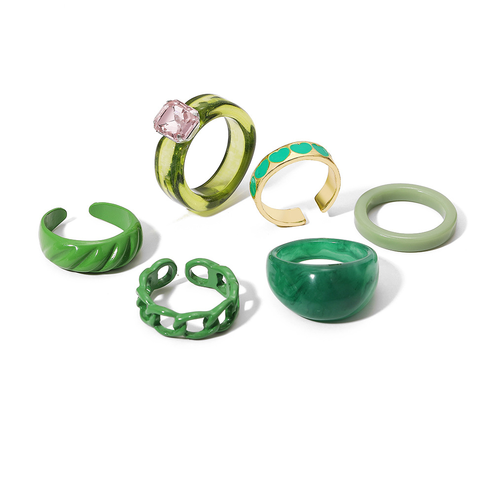 New Retro Fashion Ring Set Version Creative Green Dripping Love Resin Ring 6-piece Set display picture 9