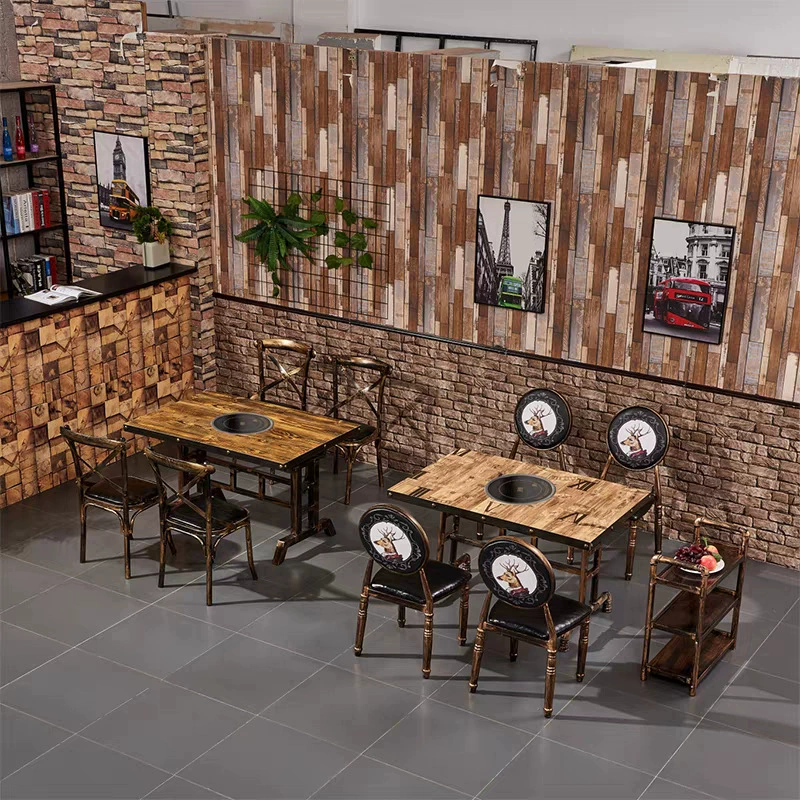 Стол для горячего горшка, индукционная плита, встроенный круглый стол из одной кастрюли, имитация мрамора, ресторан, стол и стул, комбинированная газовая плита, коммерческая