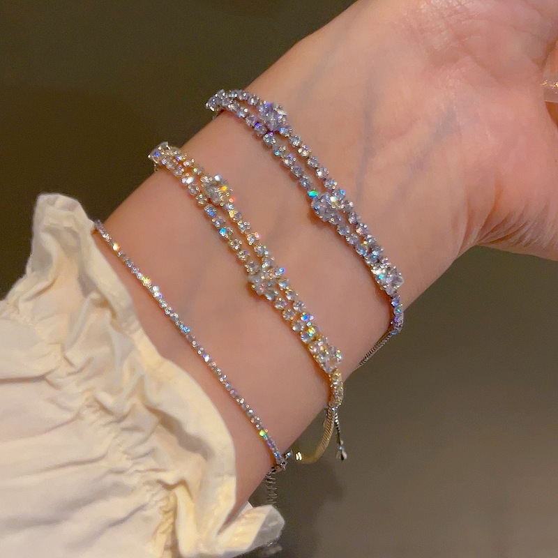 Double Layer Ins Style Glittering Micro-inlaid Zircon Bracelet Light Luxury Cyber Celebrity Style Square Zircon Hand Rope Exquisite