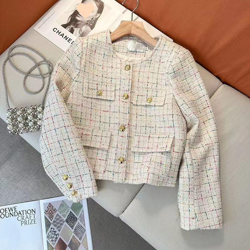 法式小香風短款外套女春秋薄款高級感復古氣質名媛粗花呢灰色上衣