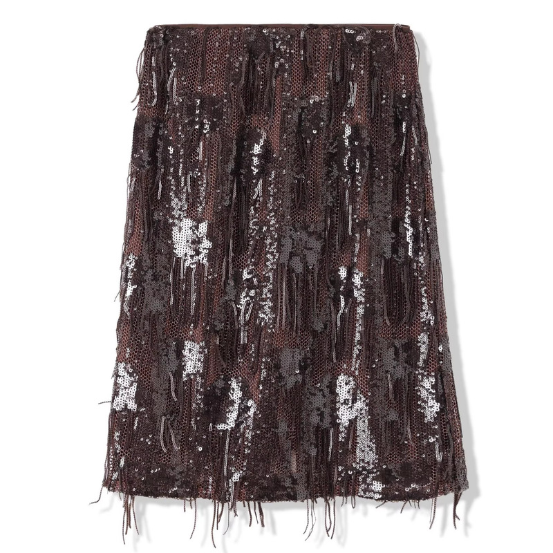 B2632 2026 Autumn/Winter New Women's Fashion Elegant Elastic Waist Sequin Tassel Skirt with Back Slit Midi Skirt