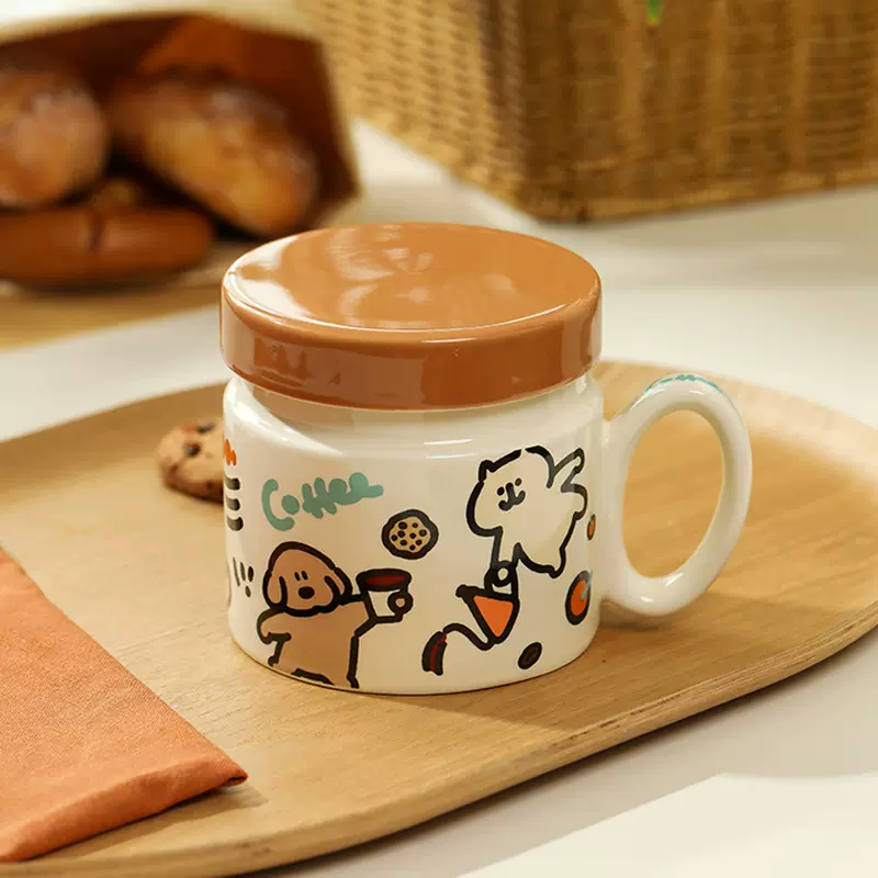陶瓷马克杯带盖带把手茶杯咖啡杯家用卡通喝水杯高颜值喝水杯子