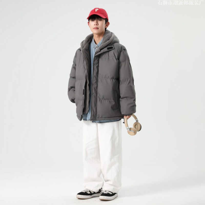 大きいサイズの偽の2つの綿入れの服の男性の潮流はゆったりしていて、厚い粒の絨毯の純色の帽子のパンの服のシンプルな綿入れの上着の服をプラスします。|undefined
