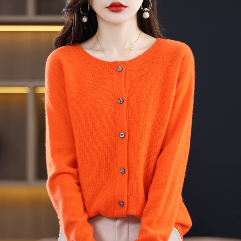 Women's Round Neck Button-Up Wool Cardigan with Osmanthus Pattern Versatile Knit Base Shirt Top Jacket Wholesale