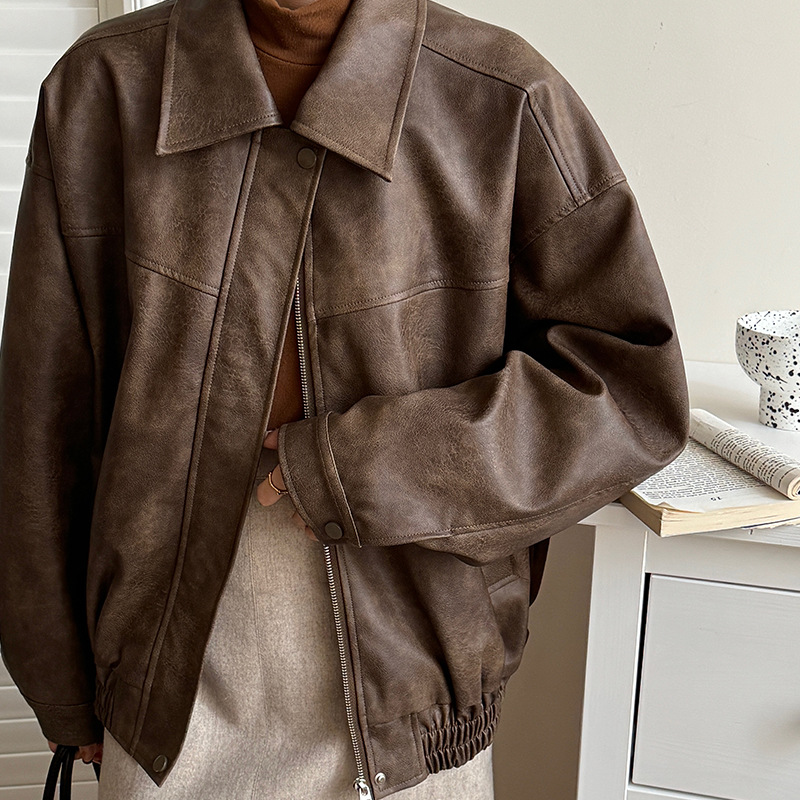 [Ben Chu] 2024 Autumn New American brown Dressed Jacket Leather Women's Loose Zipper Casual Short Jacket