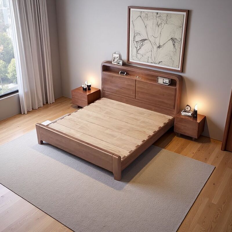 【1688 Premium Selection】Nordic Vintage Solid Wood Bed 1.8m Double 1.2 Single Simple Rubber Wood Mortise and Tenon High Box Bed