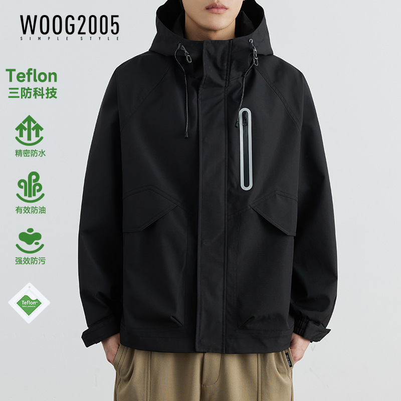 Teflon Three-Proof Outdoor Hooded Jacket Men's 2025 Spring New Trendyy Slightly Loose Black Jacket