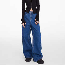 2024春秋复古拖地牛仔裤男女长裤港风拉链深蓝色中性风显瘦男裤