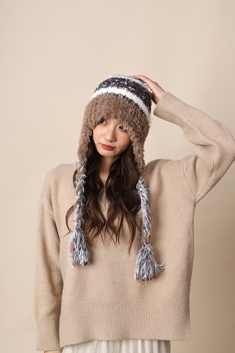 Cappello di lana lavorato a maglia con lacci colorati per donna autunno inverno nuovo caldo protezione per le orecchie e fascia per la testa a strisce colorate_voghion.com