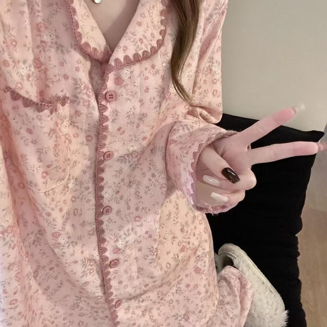 2026 New Floral Cloud Cotton Long-Sleeved Pajamas for Women Spring & Fall Cute and Sweet Thin Girl Home Wear Set Summer