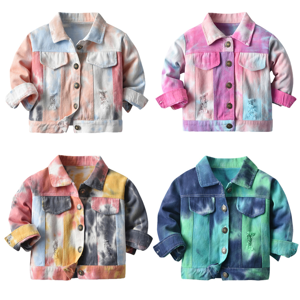 Multi-color Neutral Tie-dye Short New Children's Lapel Long-sleeved Denim Jacket display picture 1