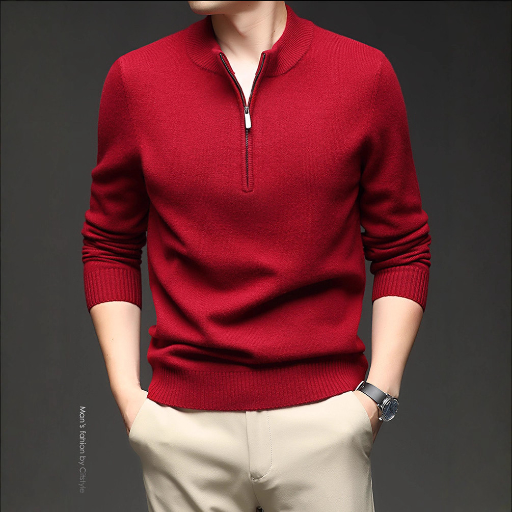 Nuevo delgado otoño y invierno semia cremallera suéter de manga larga casual overhead casual de color sólido overhead de lana camiseta de punto de hombre