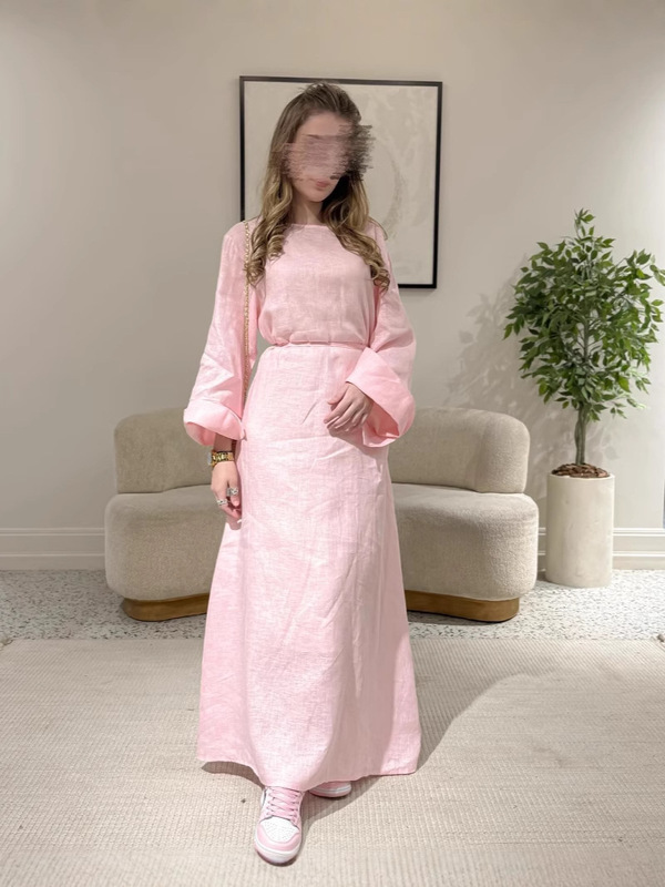 2025 越境貿易ヨーロッパとアメリカの服アマゾンスカートルーズ無地ラウンドネックカジュアル長袖コットンとリネンドレス|undefined