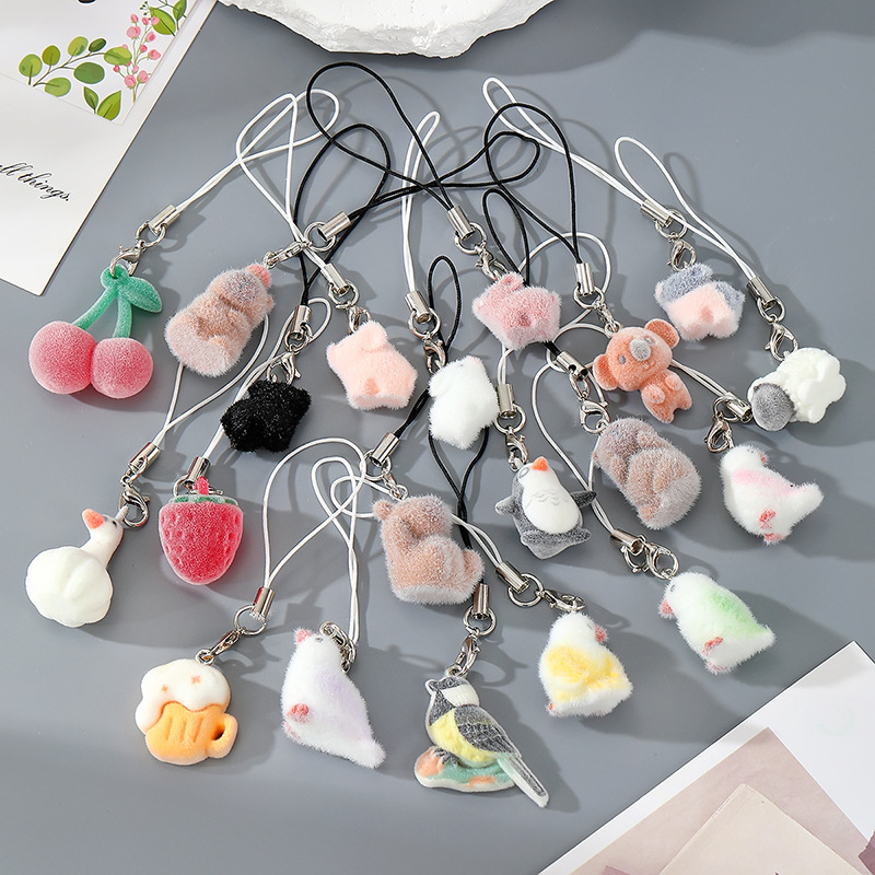 Flocked Resin Animal Keychain Piggy Strawberry Plush Mobile Phone Chain Pendant Fun Cartoon Cute Cross-Border Jewelry
